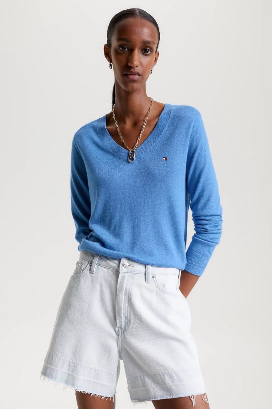 Donna Tommy Hilfiger | Pullover Regular Fit Con Scollatura A V Donna Azzurro