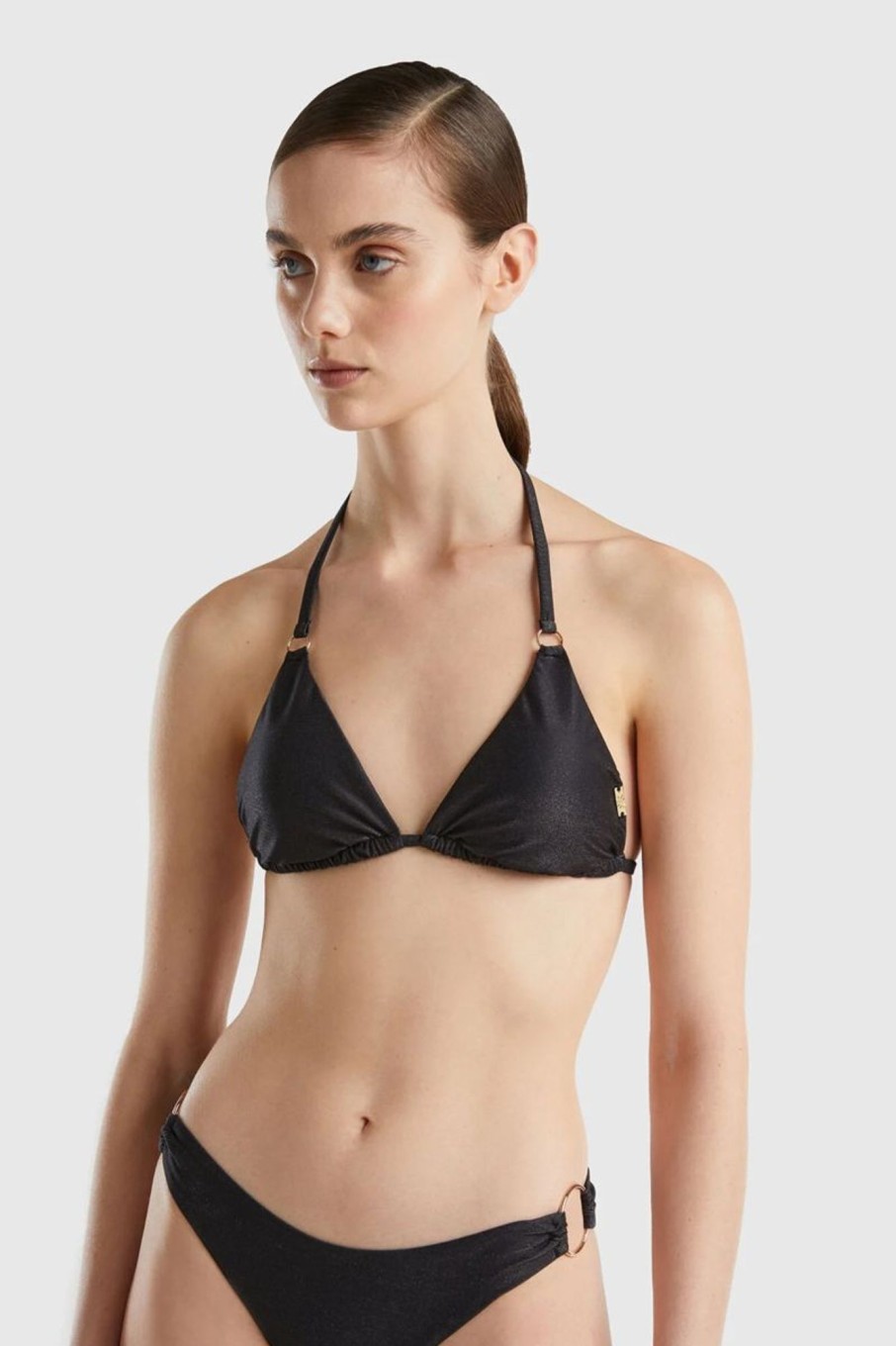 Donna Benetton Bikini | Triangolo Lurex Mare Con Anelli Donna Nero