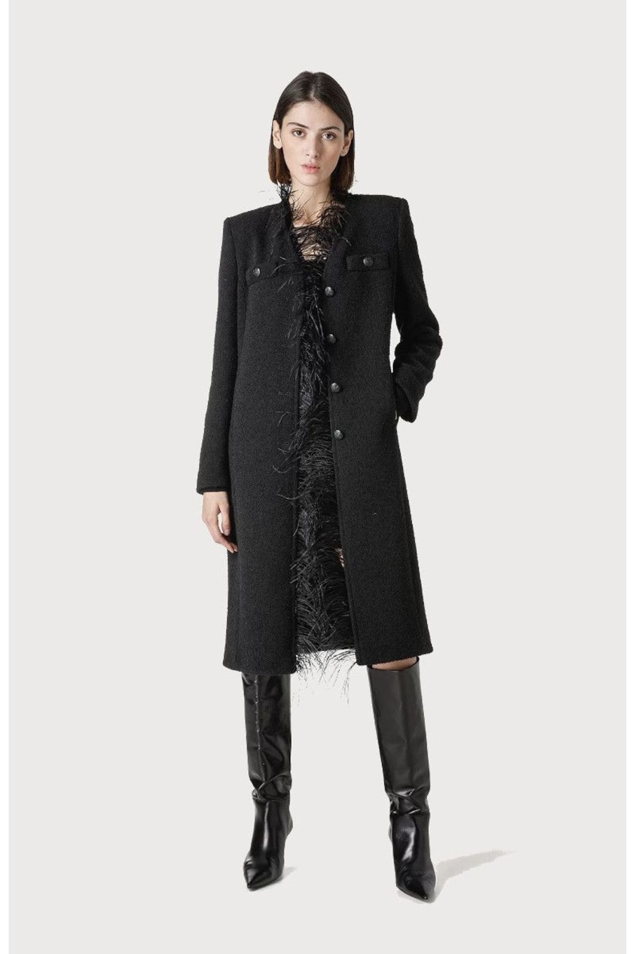 Donna Seventy | Cappotto Boucle' Con Piume Donna Nero