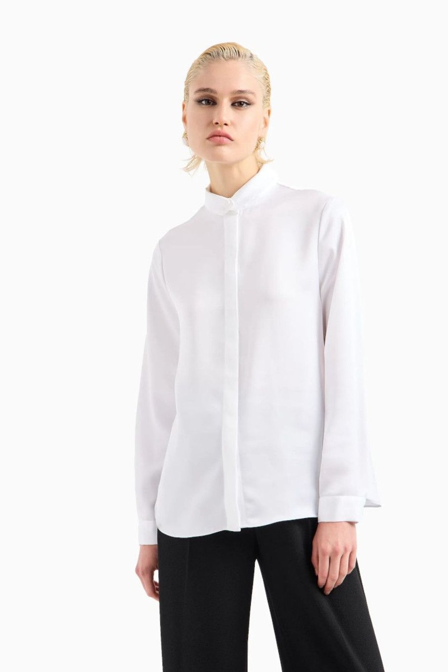 Donna Emporio Armani | Camicia In Satin Con Bottone Sul Collo Donna Bianco