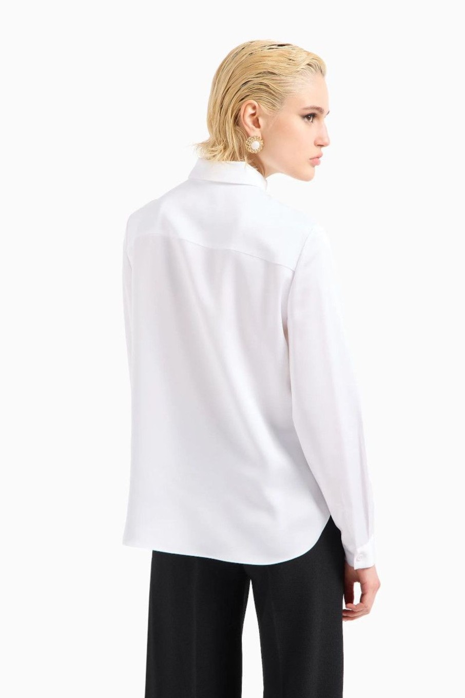 Donna Emporio Armani | Camicia In Satin Con Bottone Sul Collo Donna Bianco