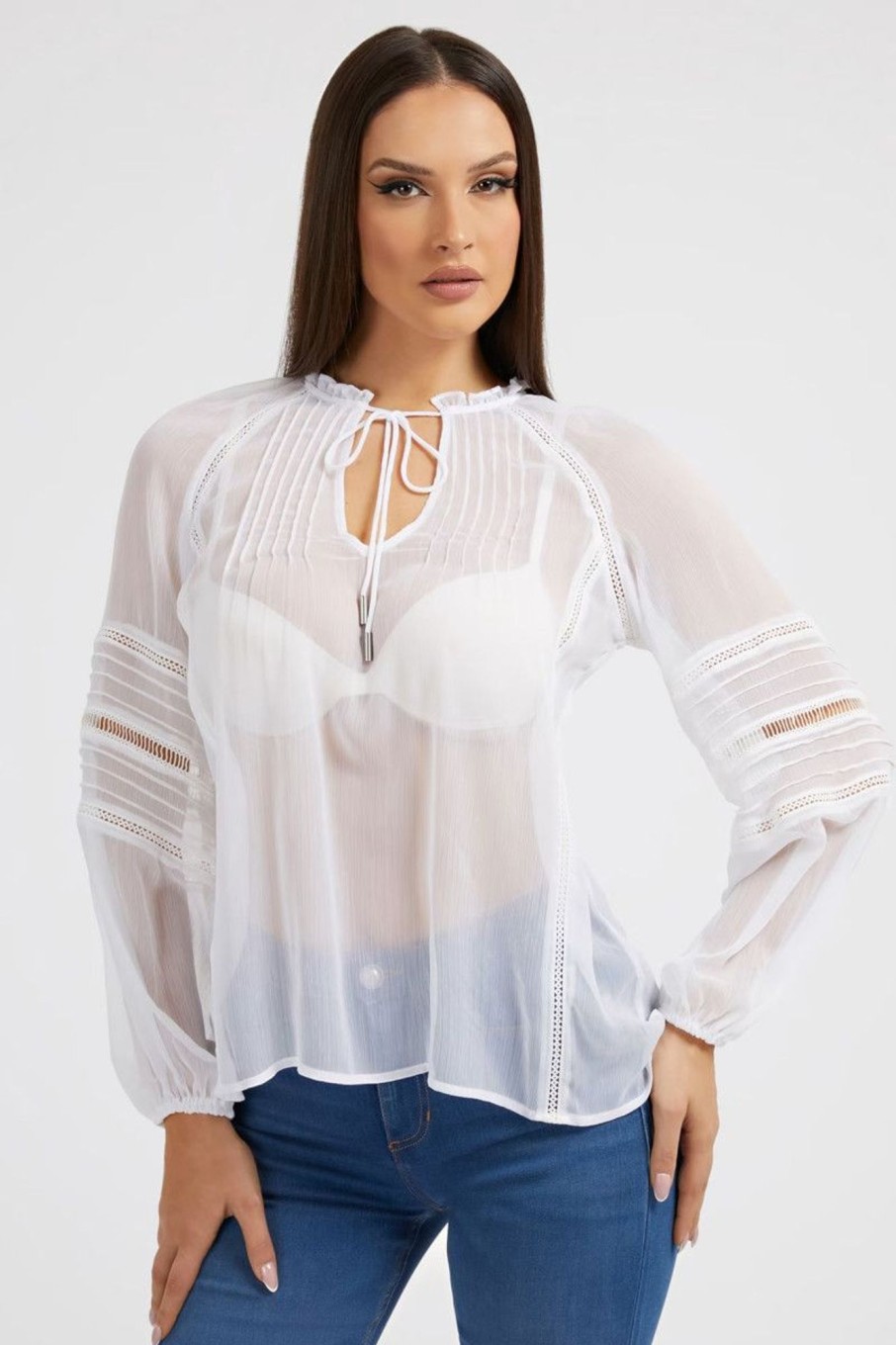 Donna Guess | Blusa In Tessuto Increspato Donna Bianco