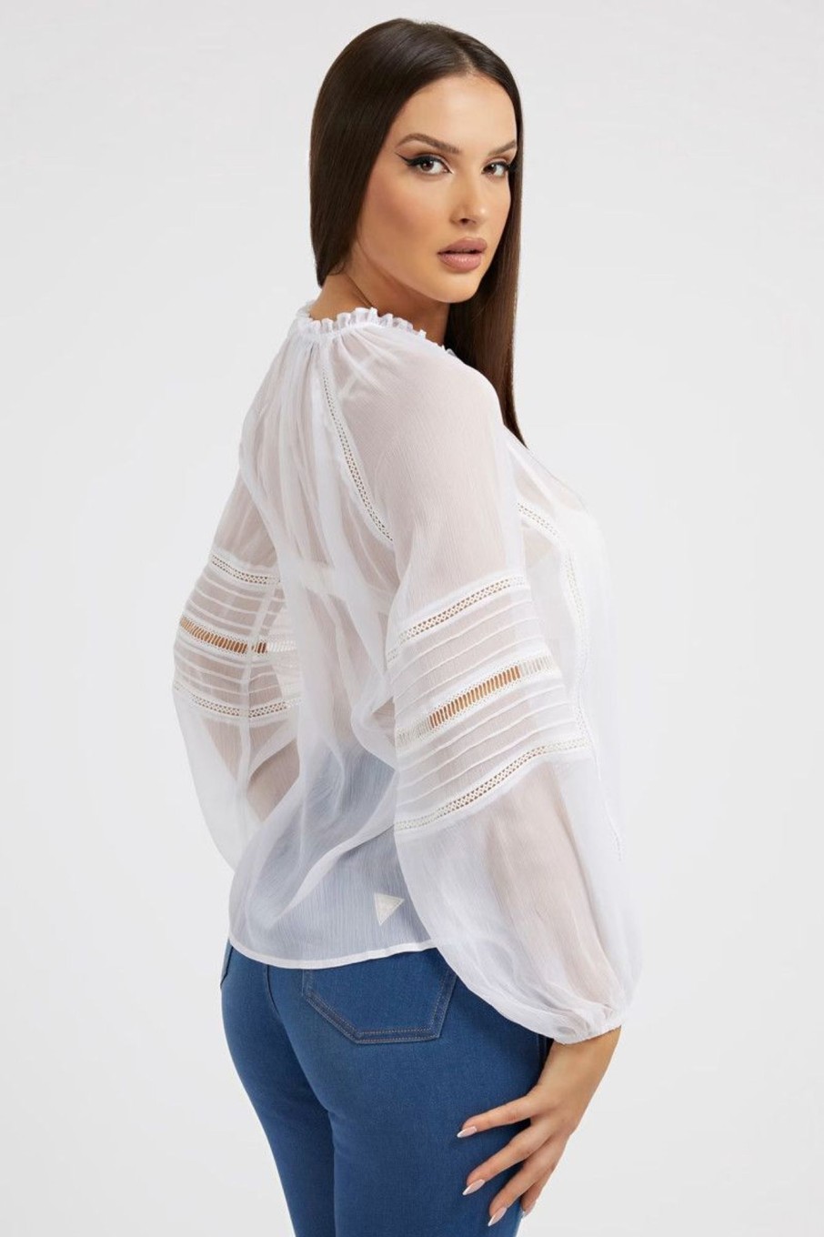 Donna Guess | Blusa In Tessuto Increspato Donna Bianco