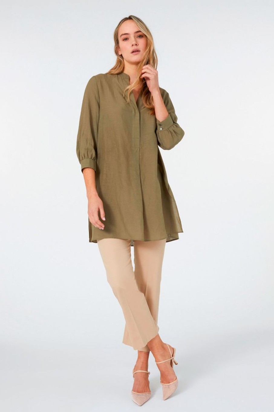 Donna Elena Miro' | Blusa Lunga In Lino E Lyocell Donna Verde Oliva