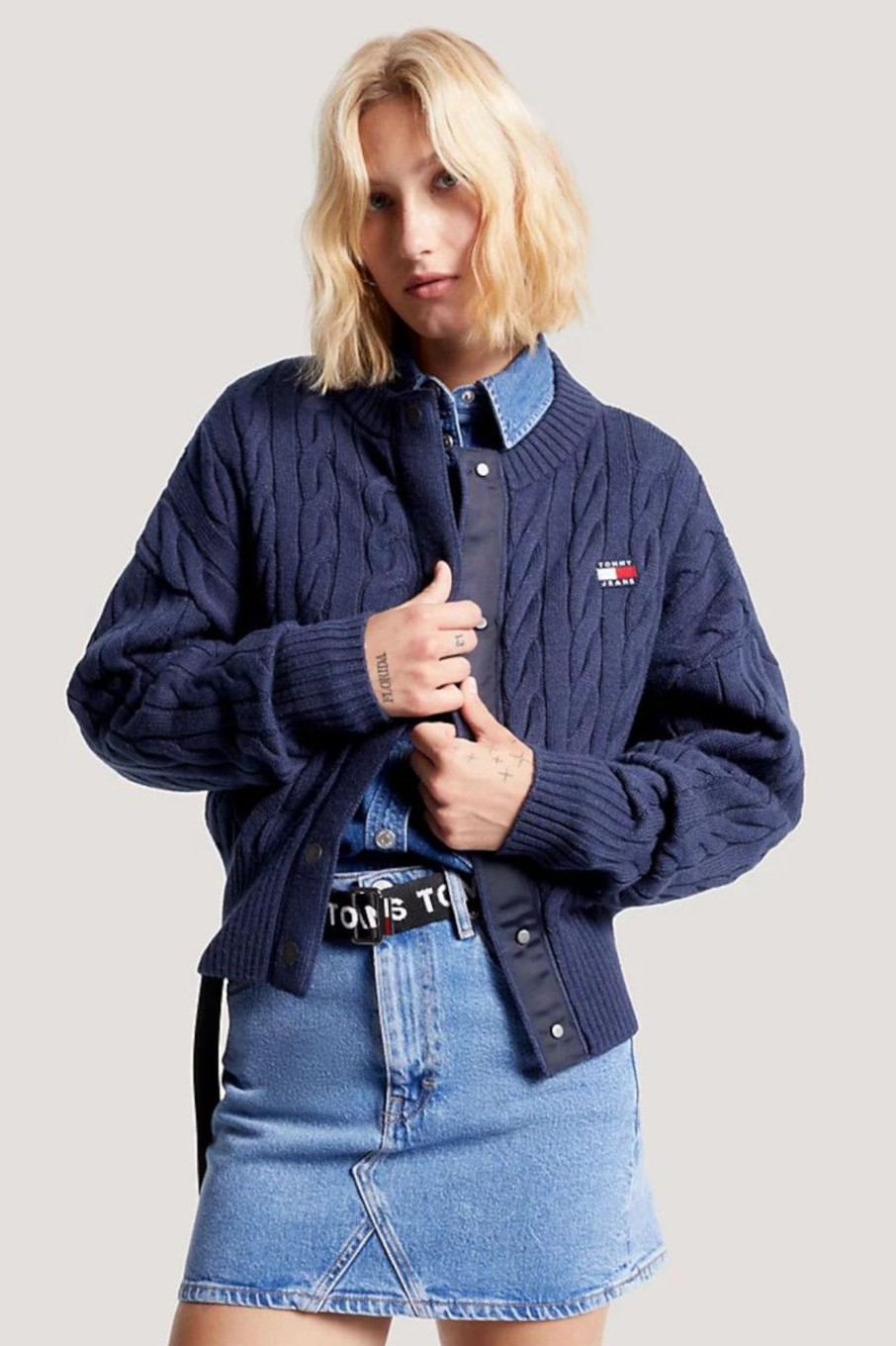 Donna Tommy Hilfiger Jeans | Cardigan Relaxed Fit In Maglia Con Distintivo Donna Blu