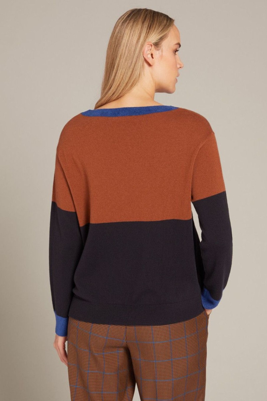 Donna Elena Miro' | Maglia In Lana Sostenibile Colour Block Donna Blu