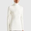 Donna Benetton | T-Shirt Lupetto A Costine Donna Bianco