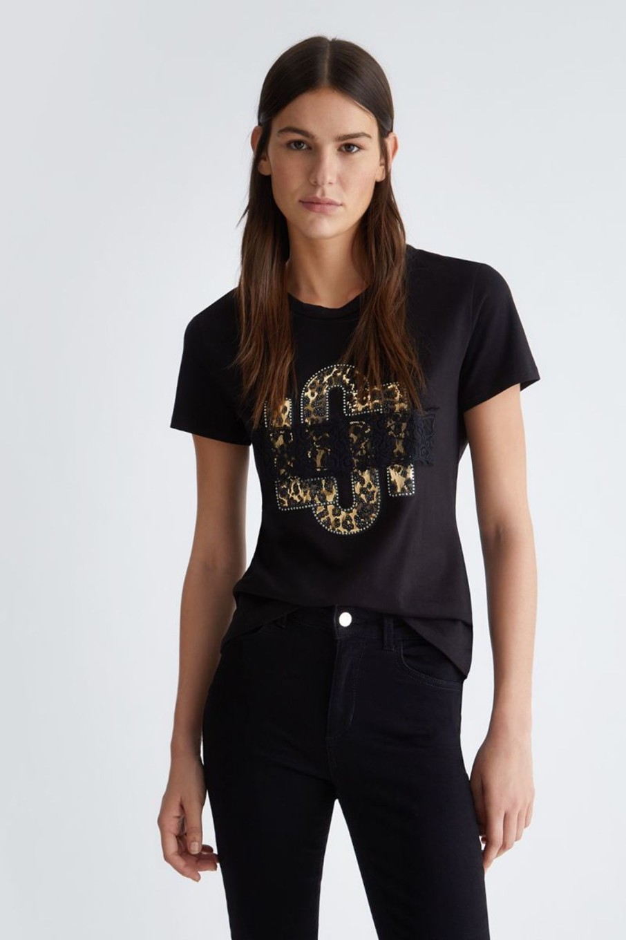 Donna Liu-jo | T-Shirt Con Logo E Pizzo Donna Nero