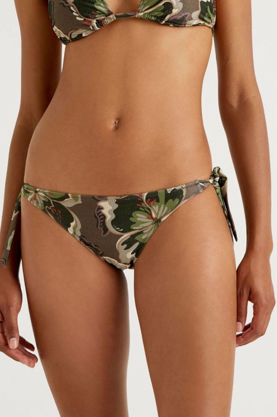 Donna Benetton Bikini | Slip Costumi A Fiori Con Lurex Donna Marrone