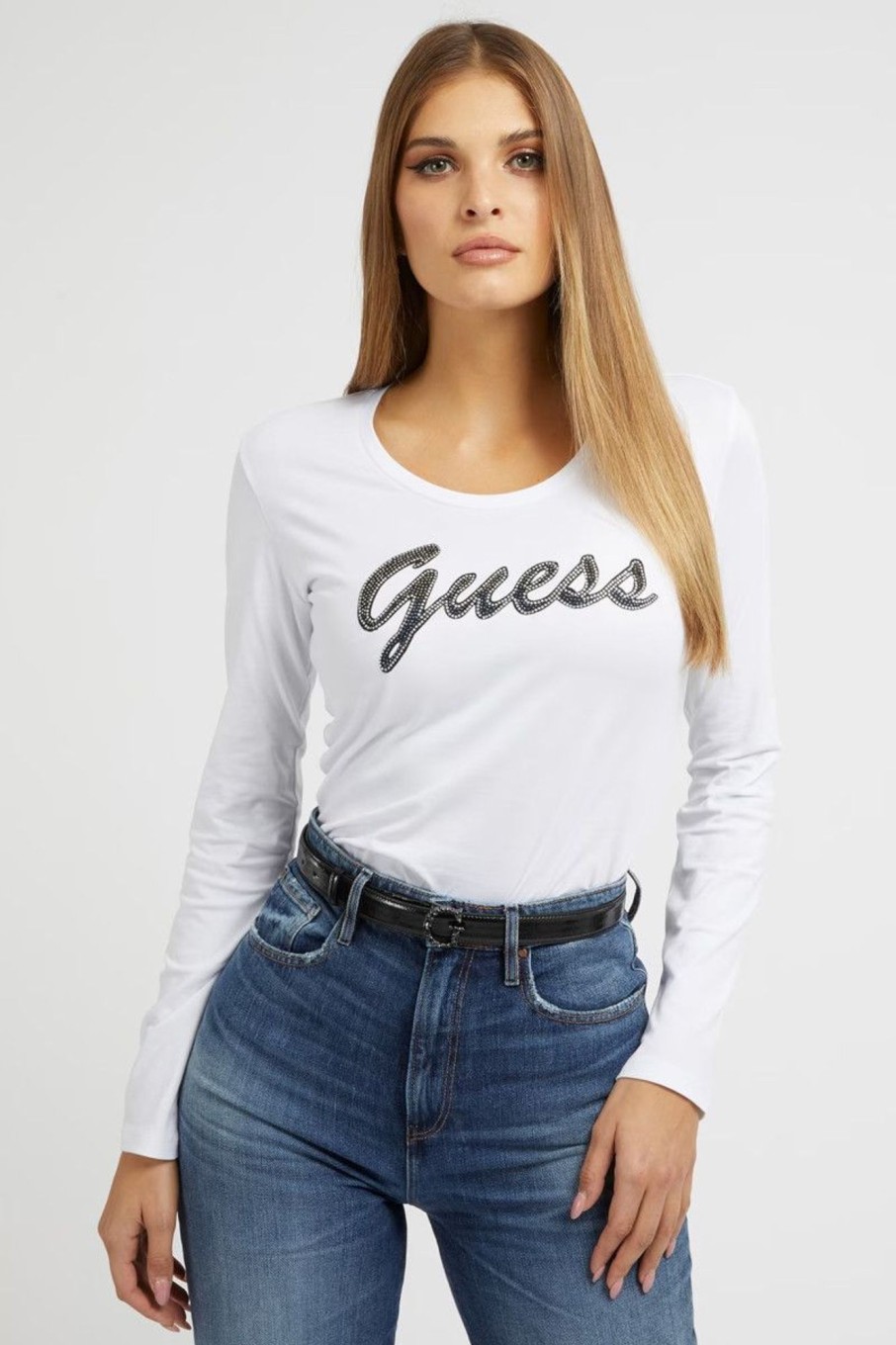 Donna Guess | T-Shirt Logo Strass Donna Bianco