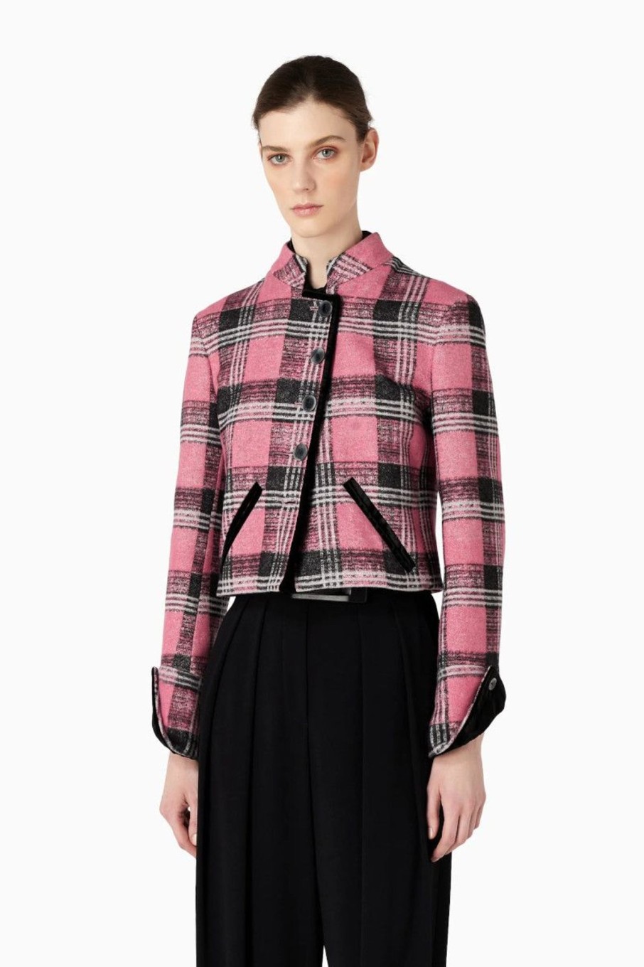 Donna Emporio Armani | Giacca In Misto Lana Tartan Con Dettagli In Velluto Donna Rosa