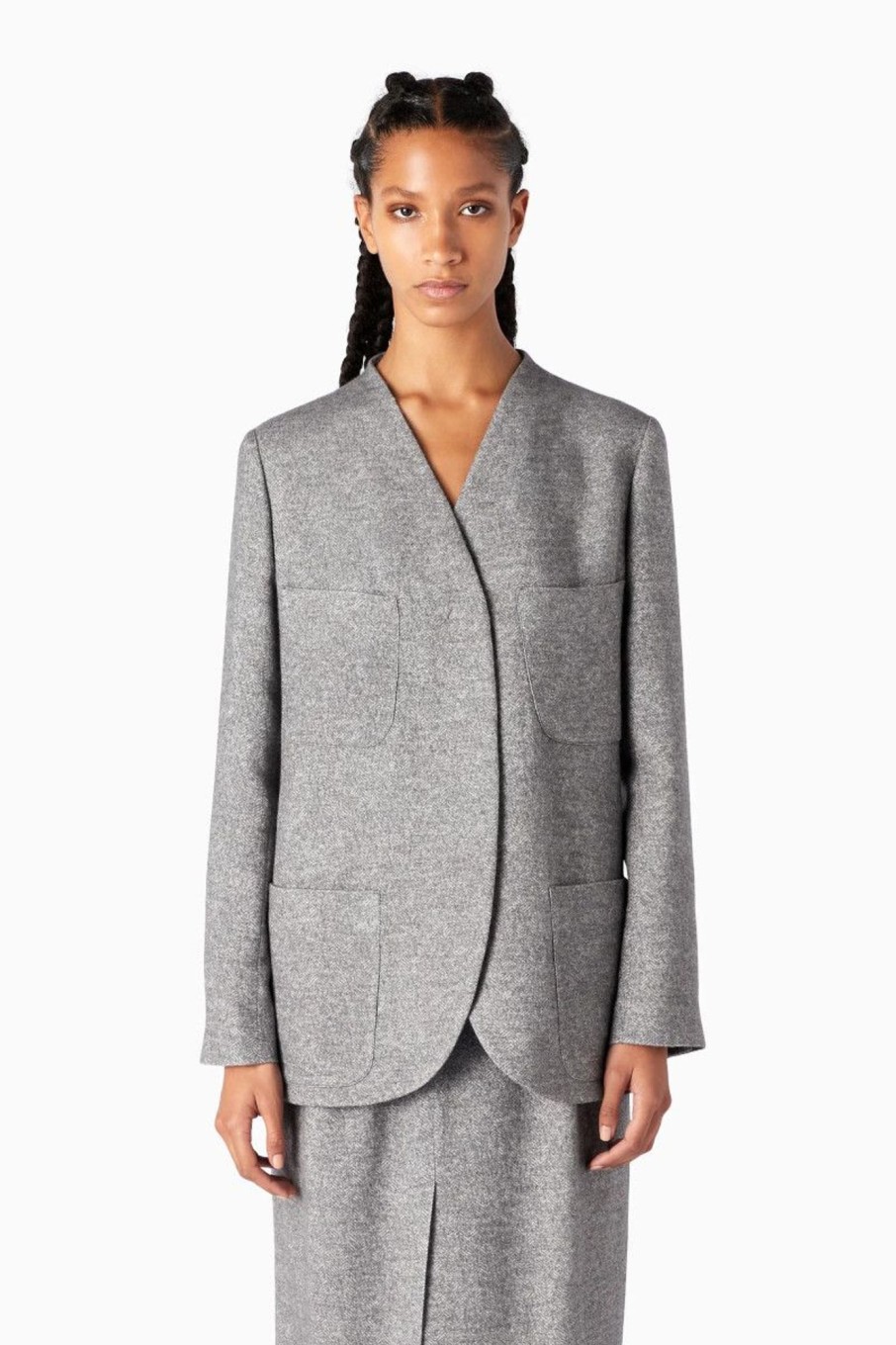 Donna Emporio Armani | Blazer In Misto Lana Vergine Melange Boucle' Chevron Icon Donna Grigio