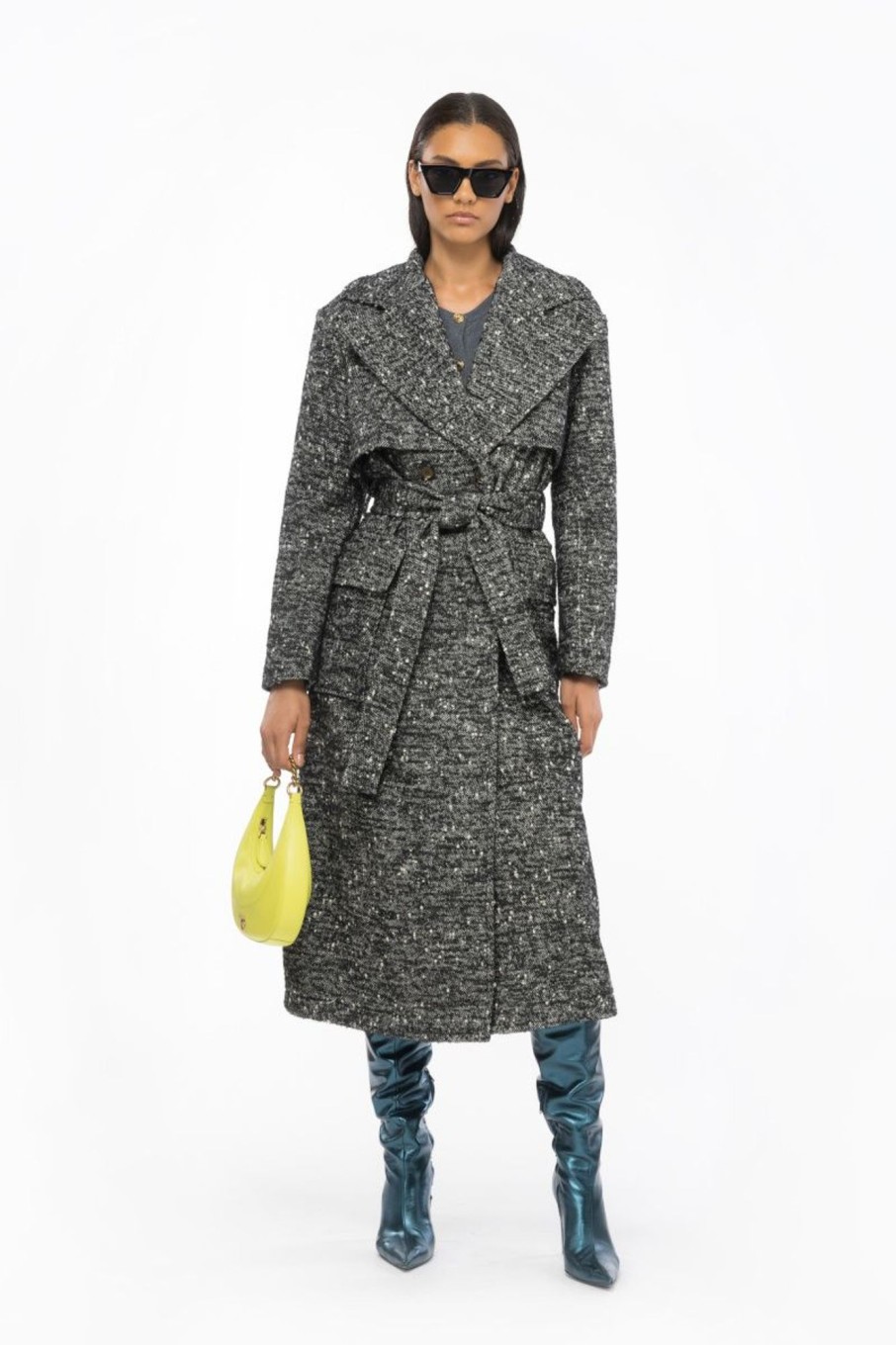 Donna Pinko | Trench Doppiopetto In Tweed Donna Nero