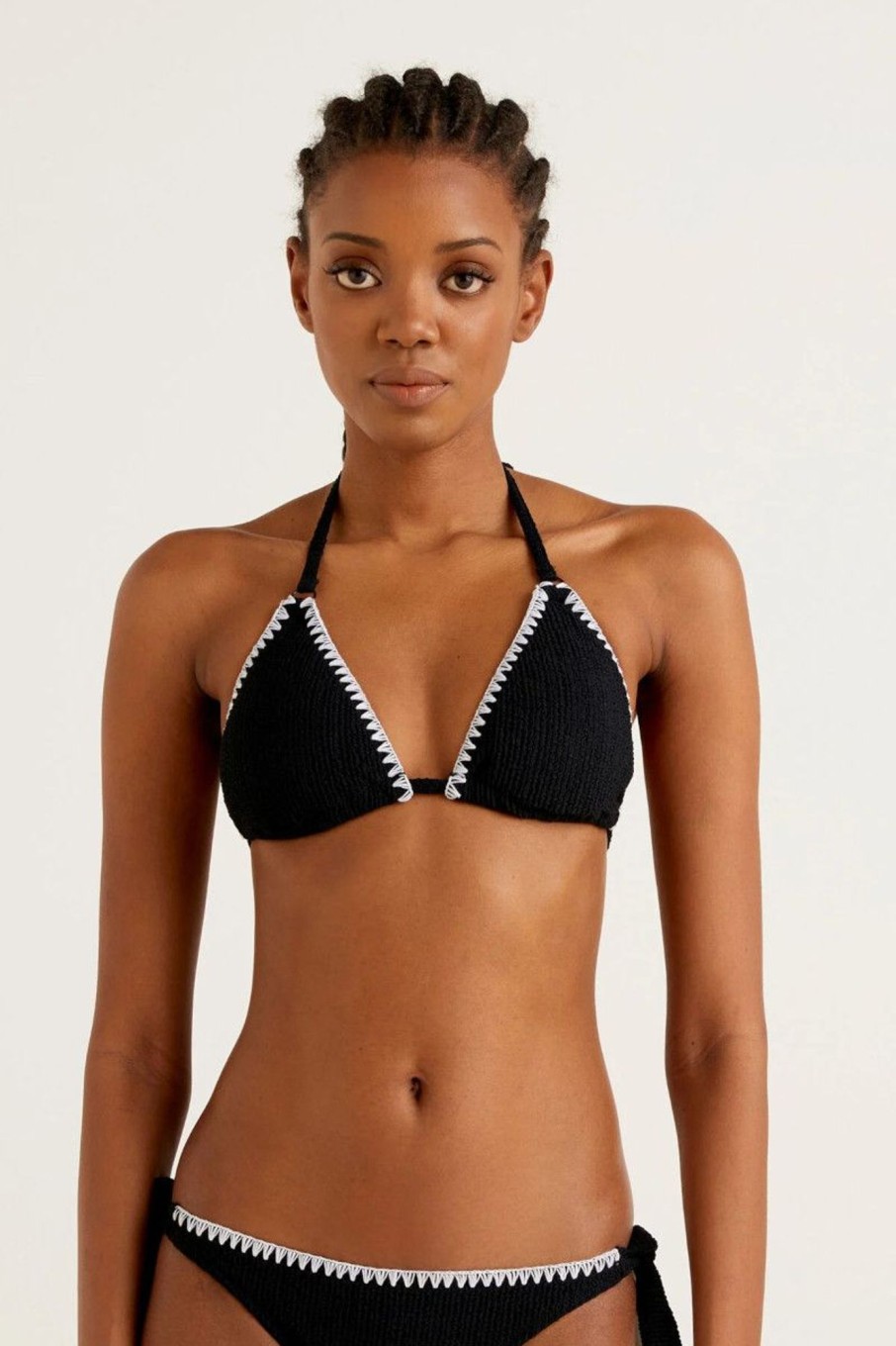 Donna Benetton Bikini | Bikini Triangolo Con Ricamo A Contrasto Donna Nero