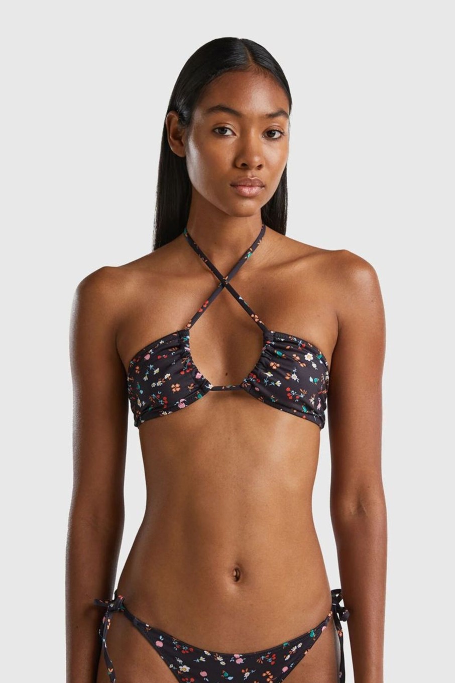 Donna Benetton Bikini | Bikini Top Con Stampa A Fiori Donna Nero