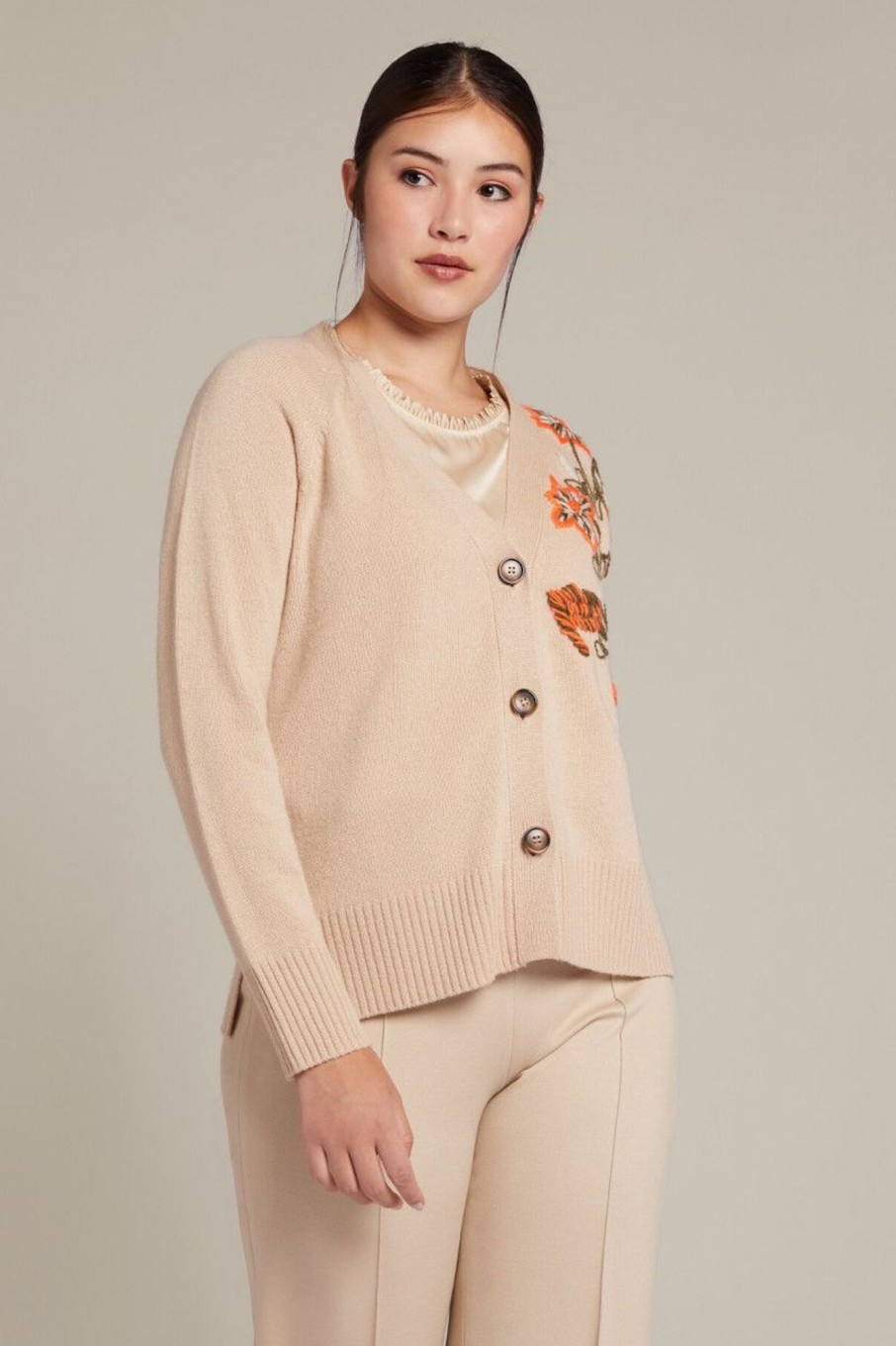 Donna Elena Miro' | Cardigan In Lana Con Ricamo Floreale Donna Beige