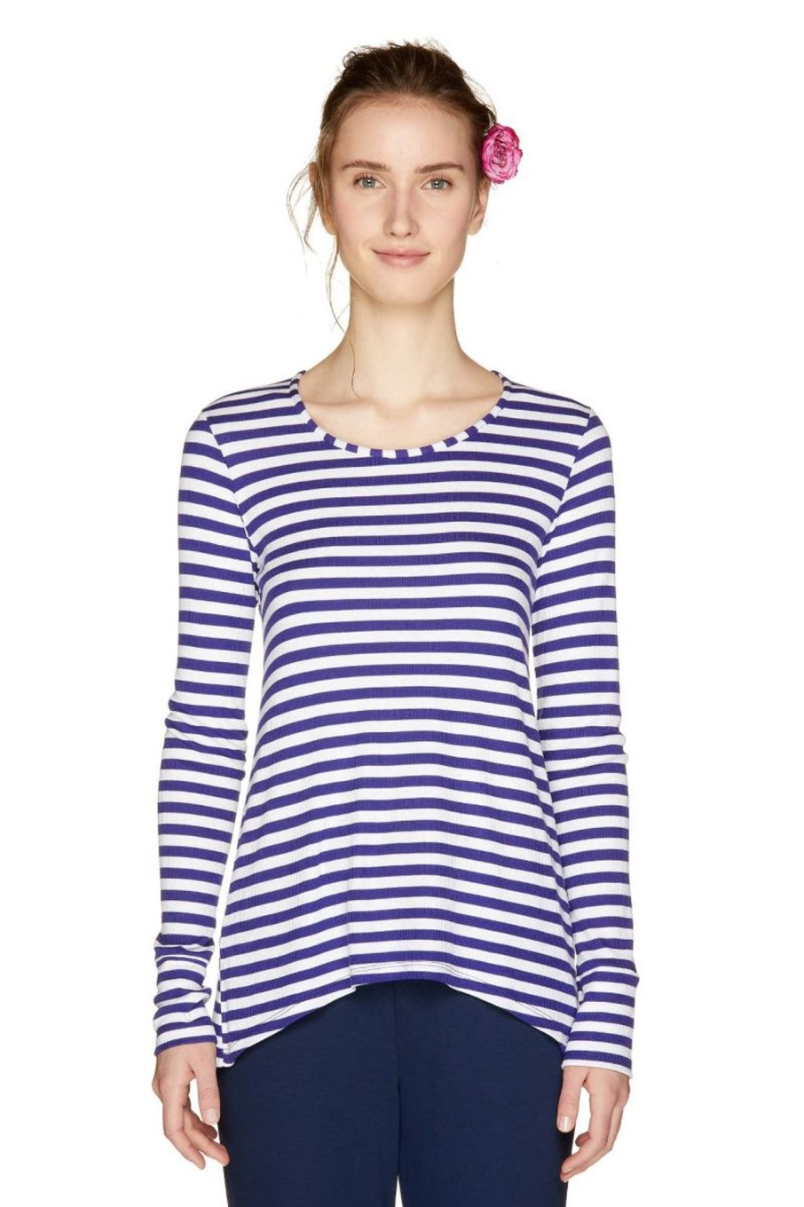 Donna Benetton | T-Shirt Lunga In Costina Stretch Donna Viola