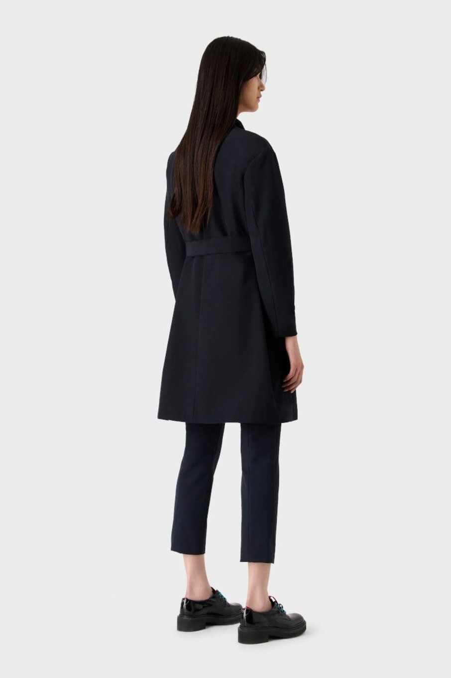 Donna Emporio Armani | Cappotto Chiusura Portafoglio In Tessuto Scuba Con Cintura Donna Blu