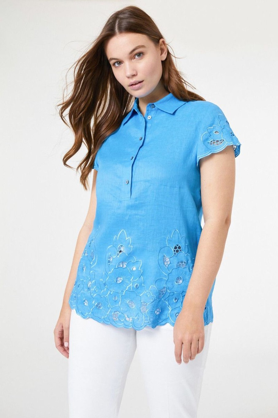 Donna Elena Miro' | Blusa In Lino Con Ricamo Sangallo Donna Azzurro