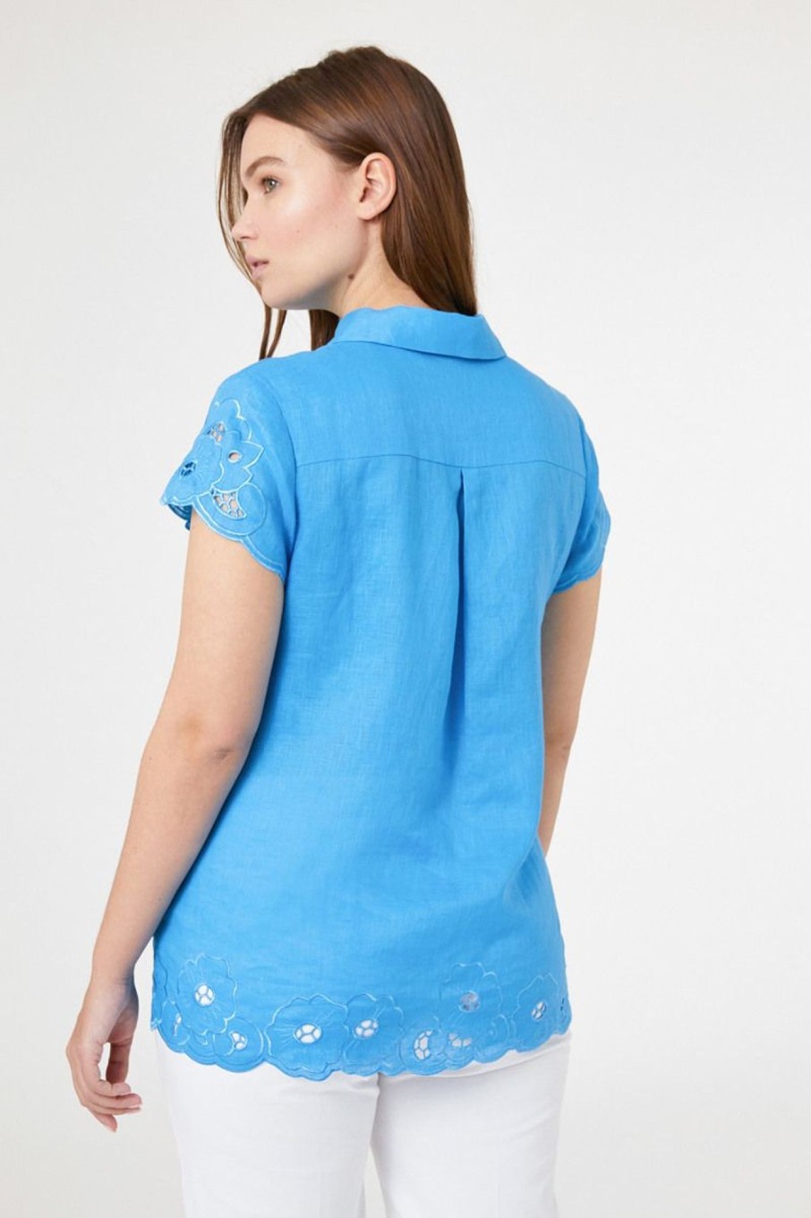 Donna Elena Miro' | Blusa In Lino Con Ricamo Sangallo Donna Azzurro