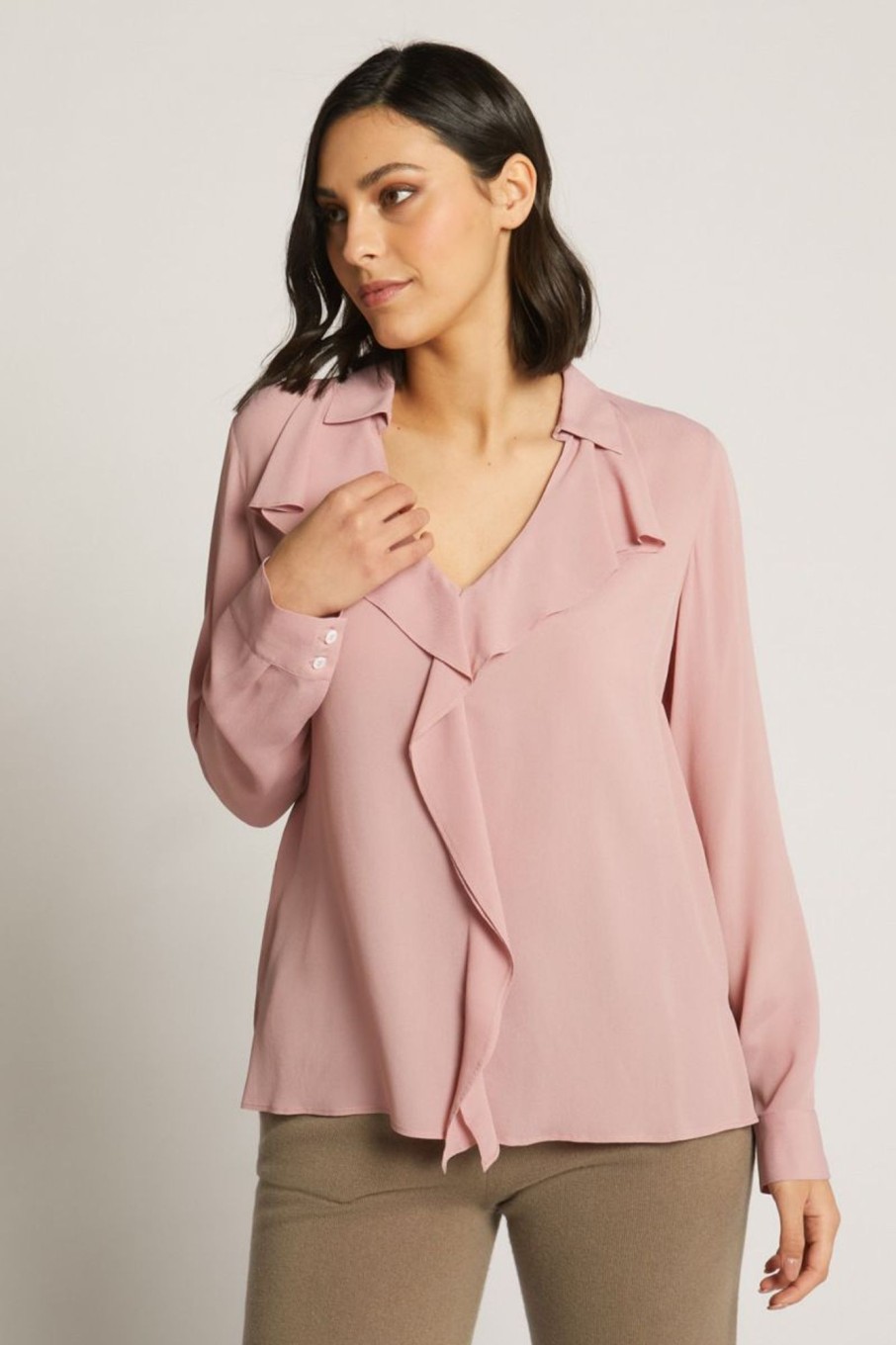 Donna Elena Miro' | Camicia In Viscosa Con Volants Lungo Il Davanti Donna Rosa