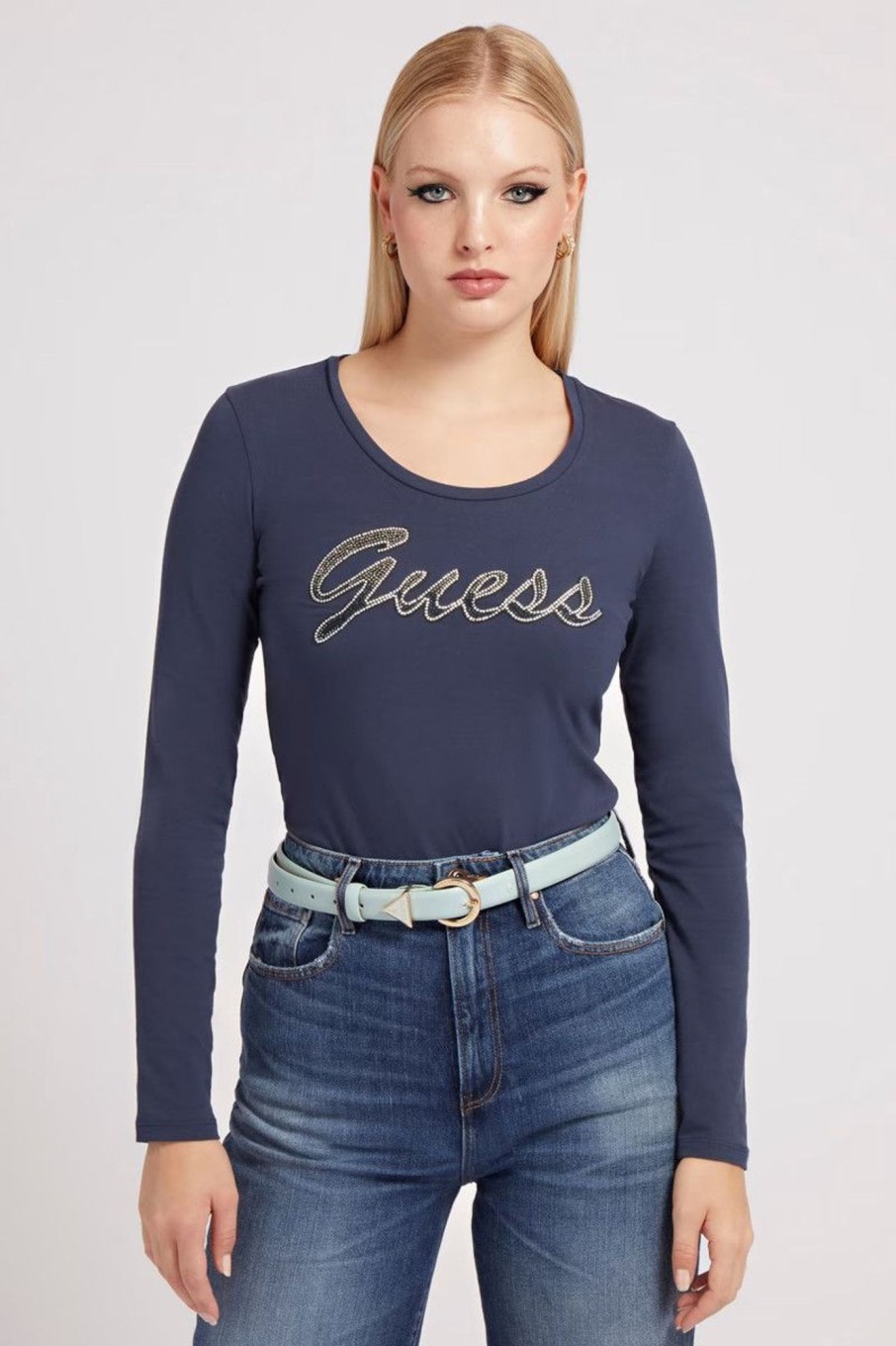 Donna Guess | T-Shirt Logo Strass Donna Blu