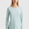 Donna Benetton | T-Shirt Manica Lunga In Fibra Di Cotone Donna Verde Acqua