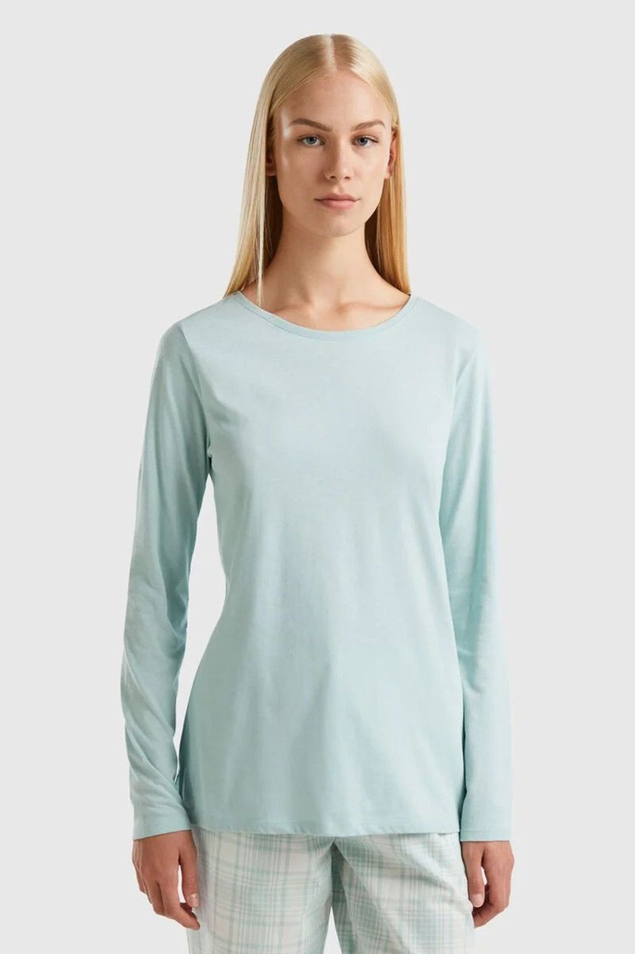 Donna Benetton | T-Shirt Manica Lunga In Fibra Di Cotone Donna Verde Acqua