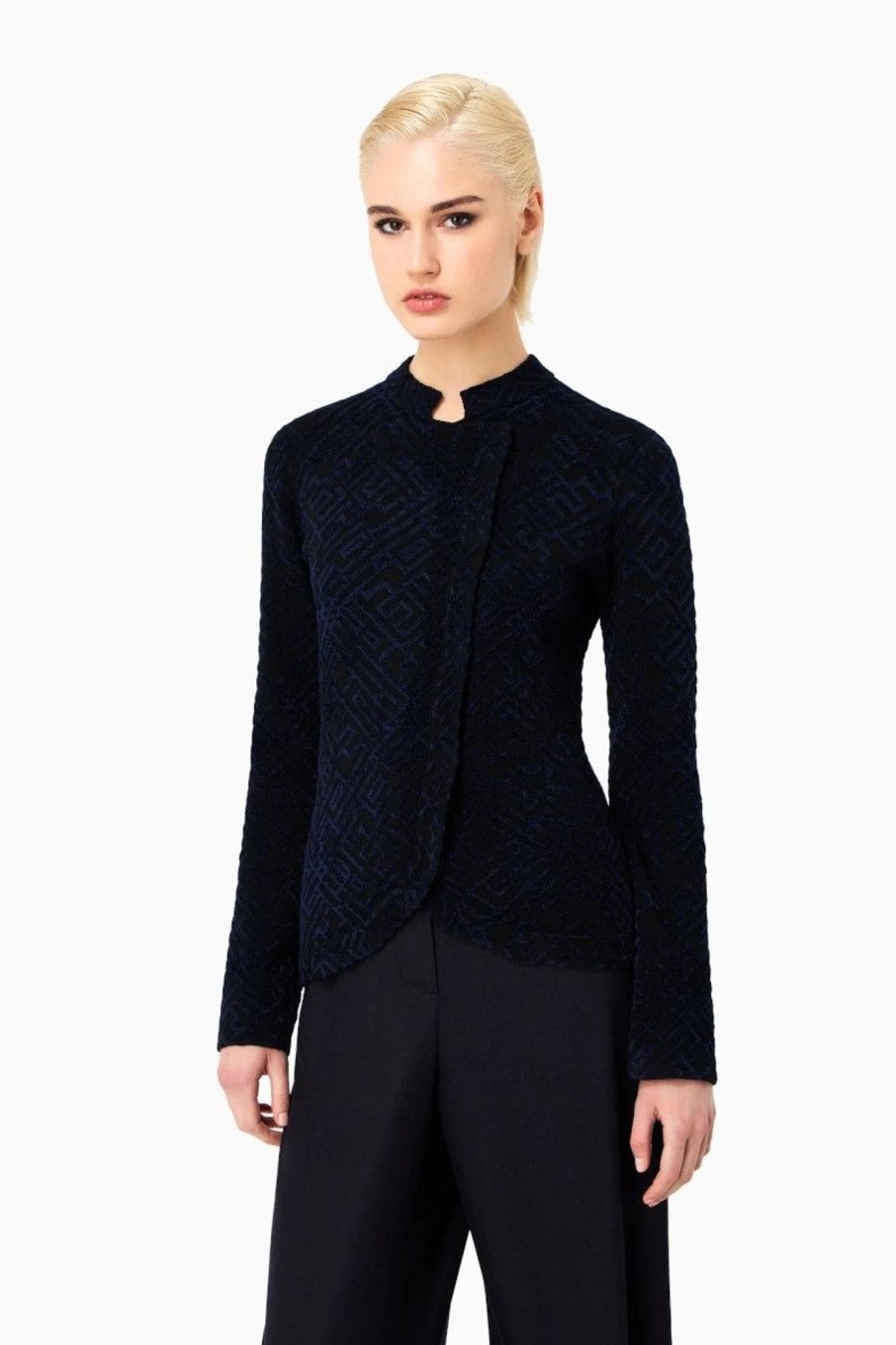 Donna Emporio Armani | Giacca A Portafoglio In Maglia Riciclata Jacquard Grafico Bicolore Donna Nero