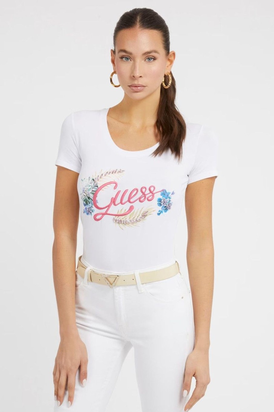 Donna Guess | T-Shirt Logo Frontale Ricamato Donna Bianco